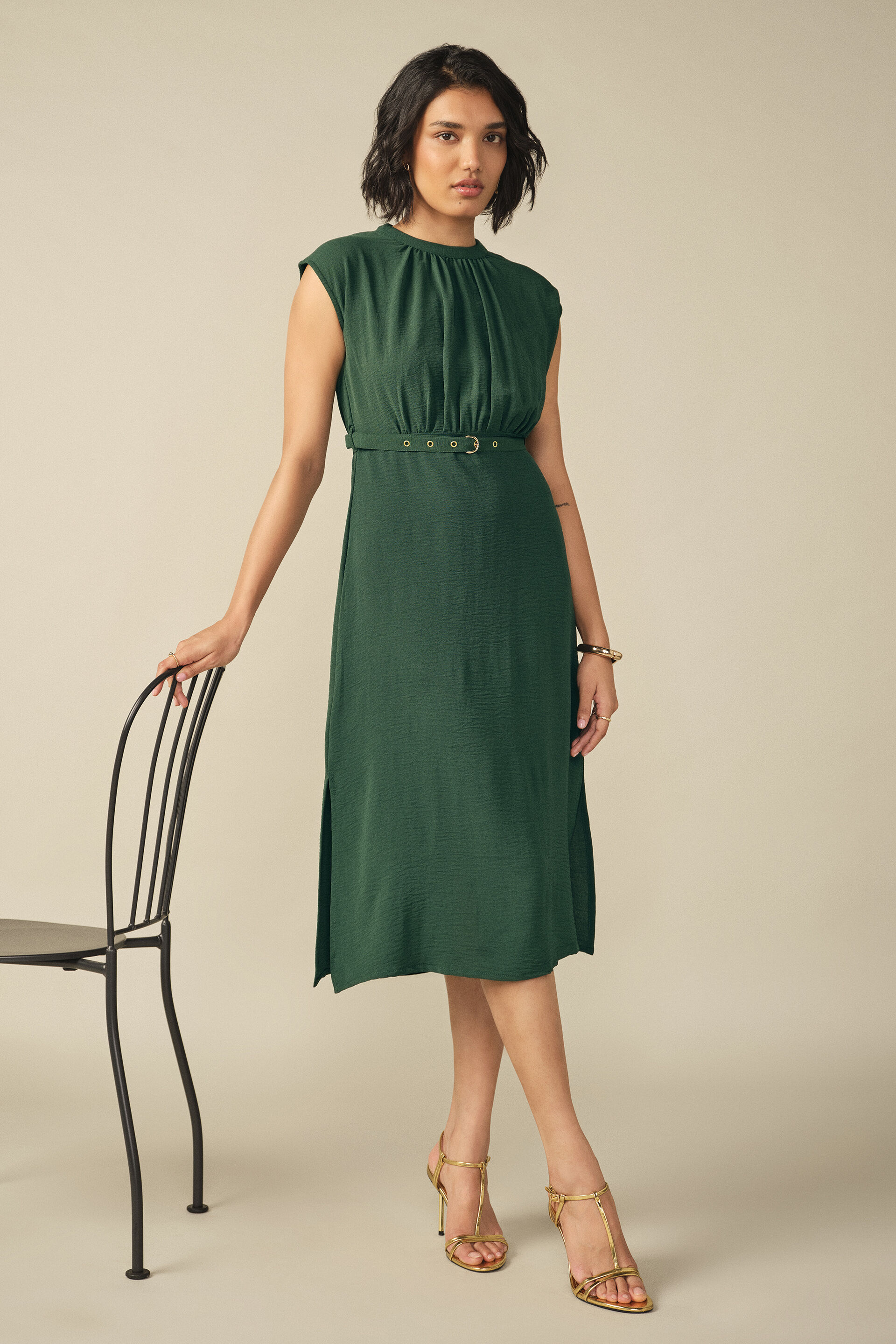 Gathered Tie-up Midi Dress in Green, Green, image 5